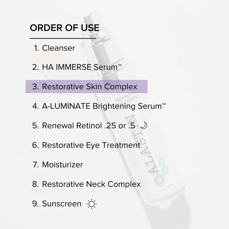 ALASTIN's order of use card: 1 Cleanser, 2 HA IMMERSE Serum, 3 Restorative Skin Complex, 4 A-LUMINATE Brightening Serum, 5 Renewal Retinol .25 or .5 (evening), 6 Restorative Eye Treatment, 7 Moisturizer, 8 Restorative Neck Complex, 9 Sunscreen (morning)